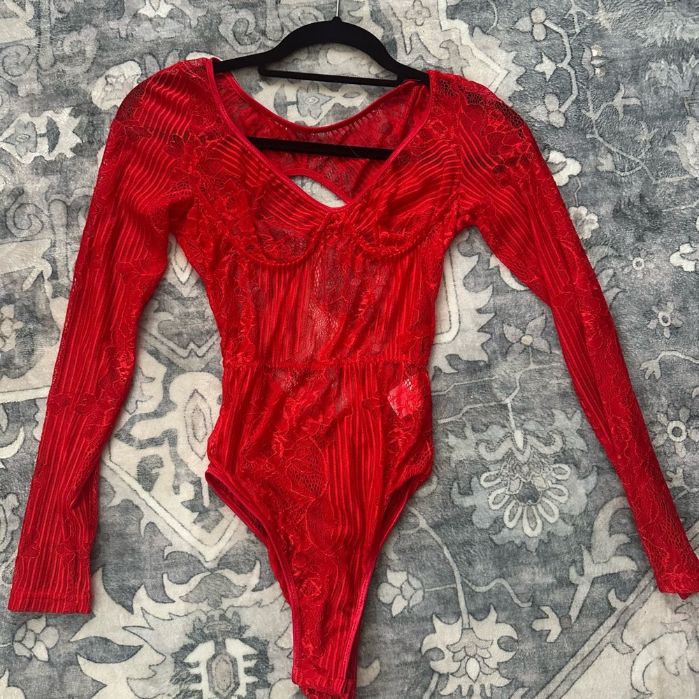 Red Lace Long Sleeve Bodysuit/lingerie